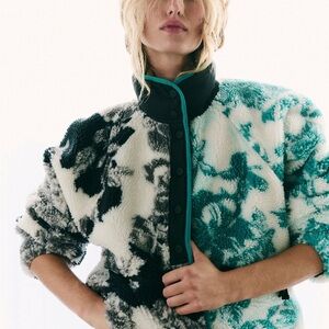 Free People Two-Tone Teal, Black & White Teddy Fleece Jacket